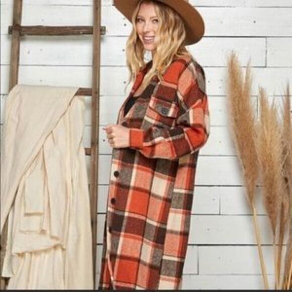 New Plaid Button Down Long Shacket Jacket - Picture 6 of 9